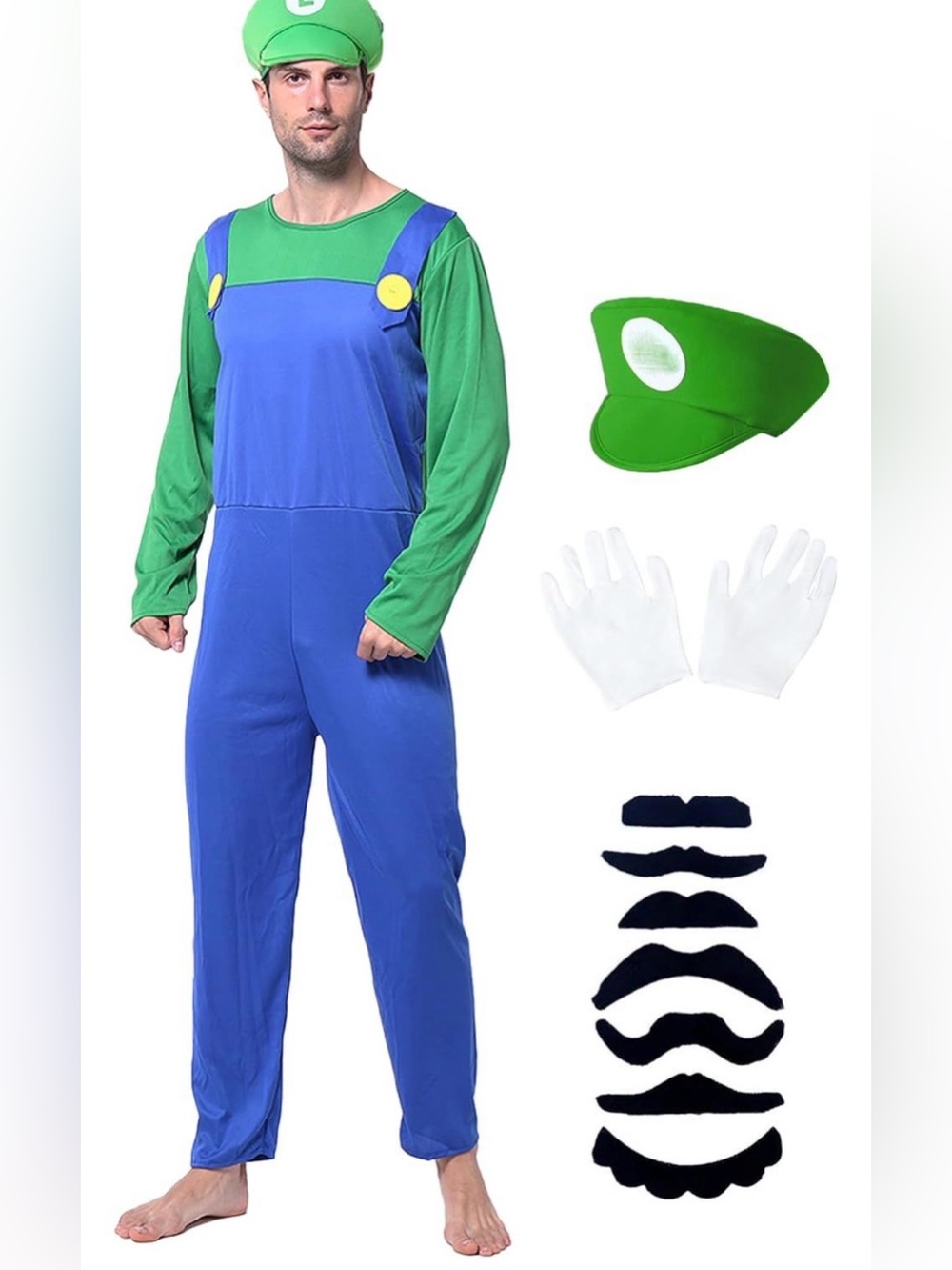 Green and Blue Luigi-Style Mens Costume with Cap and Gloves